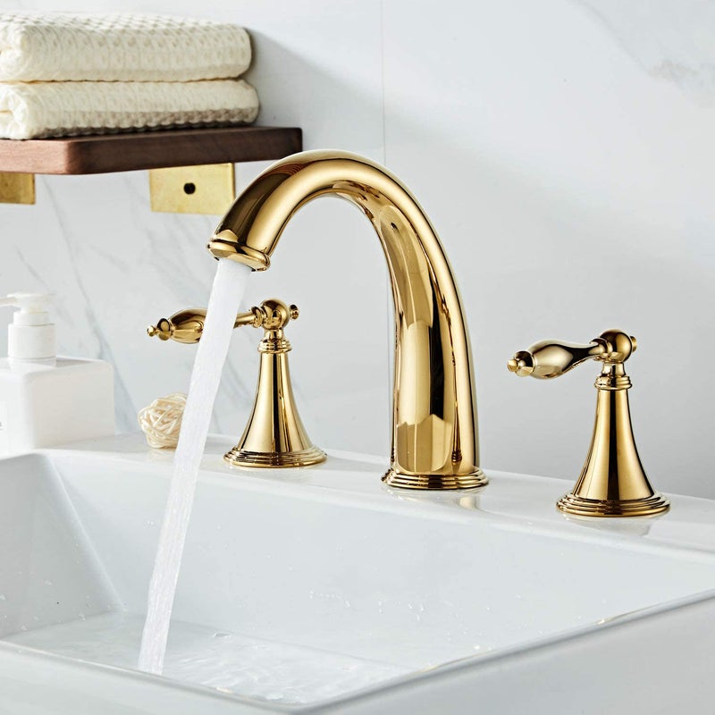 Beelee Gold Solid Brass Widespread Bathroom Faucet 3 Hole Two Handle Deck Mounted Faucet High Arc Lavatory Sink Taps with Ceramic Valve and 2 Hoses, Without Drain - Image 3